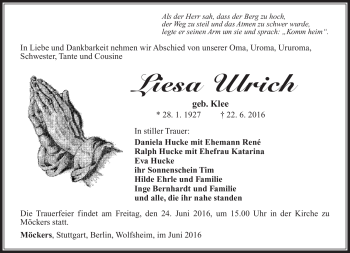 Traueranzeige von Liesa Ulrich von Südthüringer Presse