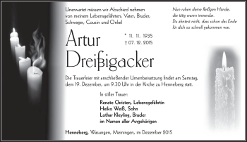 Traueranzeige von Artur Dreißigacker von Südthüringer Presse