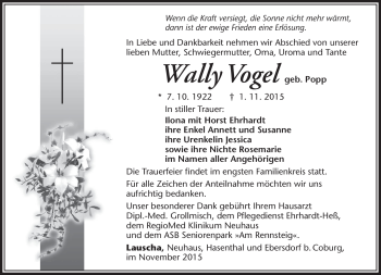 Traueranzeige von Wally Vogel von Südthüringer Presse