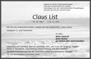 Traueranzeige von Claus List von Frankenpost