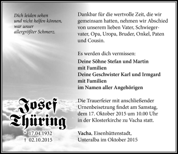 Traueranzeige von Josef Thüring von Südthüringer Presse