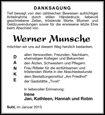 Traueranzeige von Werner Munsche von Südthüringer Presse