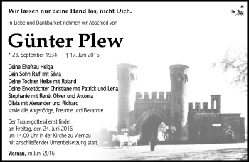 Traueranzeige von Günter Plew von Südthüringer Presse