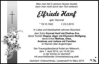 Traueranzeige von Elfriede Hanf von Südthüringer Presse