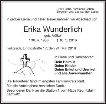 Traueranzeige von Erika Wunderlich von Frankenpost
