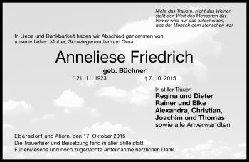Traueranzeige von Anneliese Friedrich von Neue Presse Coburg