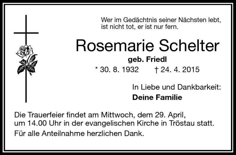  Traueranzeige für Rosemarie Schelter vom 28.04.2015 aus Frankenpost