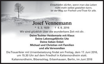 Traueranzeige von Josef Vennemann von Südthüringer Presse