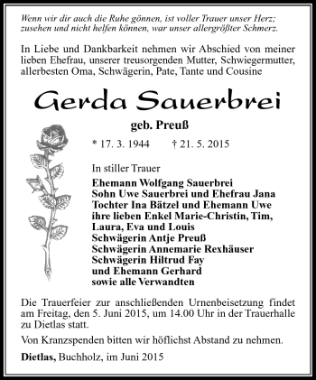 Traueranzeige von Gerda Sauerbrei von Südthüringer Presse