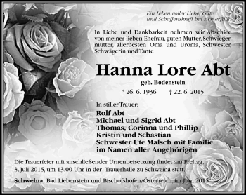 Traueranzeige von Hanna Lore Abt von Südthüringer Presse