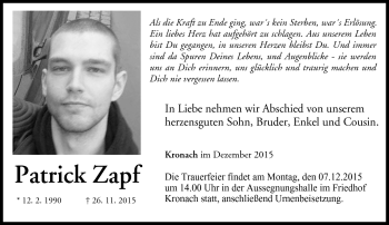 Traueranzeige von Patrick Zapf von Neue Presse Coburg