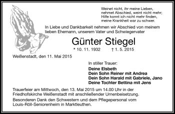 Traueranzeige von Günter Stiegel von Frankenpost