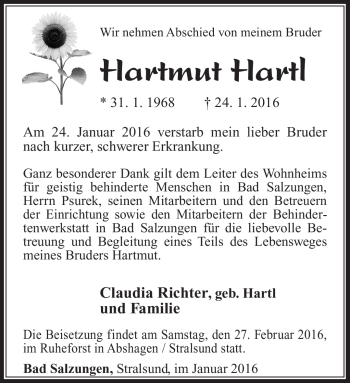 Traueranzeige von Hartmut Hartl von Südthüringer Presse