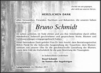 Traueranzeige von Bruno Schmidt von Südthüringer Presse
