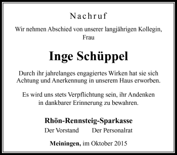 Traueranzeige von Inge Schüppel von Südthüringer Presse