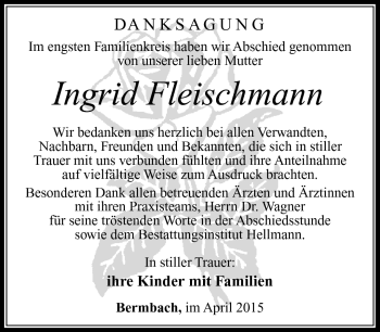 Traueranzeige von Ingrid Fleischmann von Südthüringer Presse
