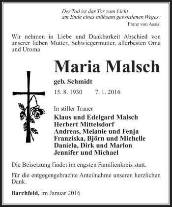 Traueranzeige von Maria Malsch von Südthüringer Presse