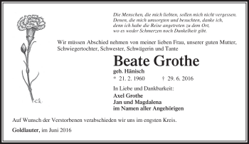 Traueranzeige von Beate Grothe von Südthüringer Presse
