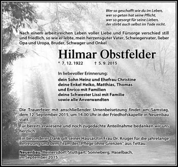 Traueranzeige von Hilmar Obstfelder von Südthüringer Presse