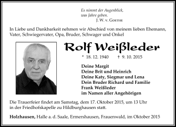Traueranzeige von Rolf Weißleder von Südthüringer Presse