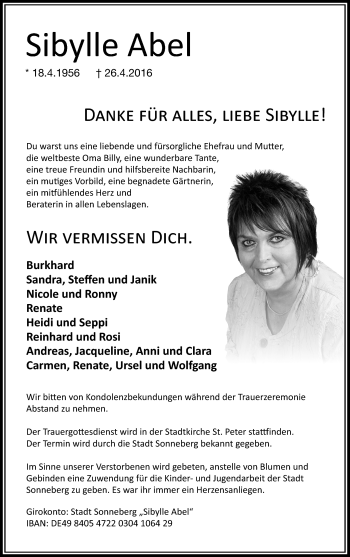 Traueranzeige von Sibylle Abel von Südthüringer Presse