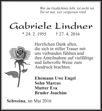 Traueranzeige von Gabriele Lindner von Südthüringer Presse