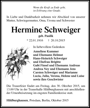 Traueranzeige von Hermine Schweiger von Südthüringer Presse