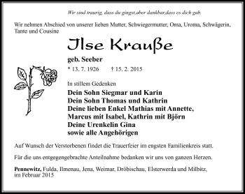 Traueranzeige von Ilse Krauße von Südthüringer Presse