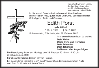 Traueranzeige von Edith Porst von Frankenpost