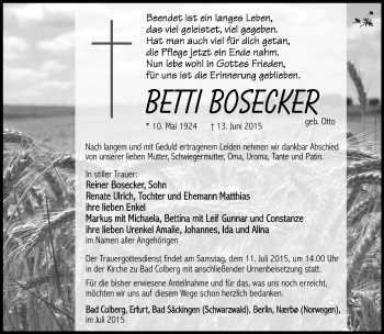Traueranzeige von Betti Bosecker von Südthüringer Presse