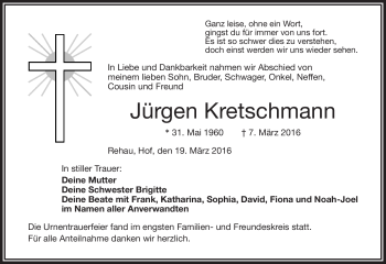 Traueranzeige von Jürgen Kretschmann von Frankenpost