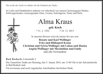 Traueranzeige von Alma Kraus von Neue Presse Coburg