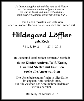 Traueranzeige von Hildegard Löffler von Südthüringer Presse