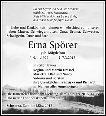Traueranzeige von Erna Spörer von Südthüringer Presse