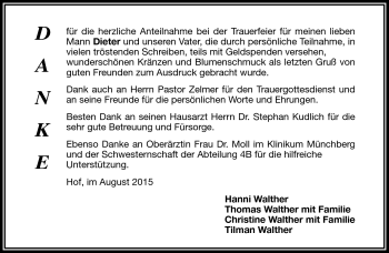 Traueranzeige von Dieter Walther von Frankenpost