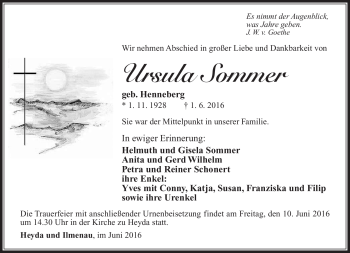 Traueranzeige von Ursula Sommer von Südthüringer Presse