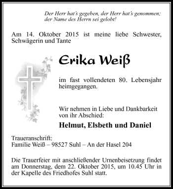 Traueranzeige von Erika Weiß von Südthüringer Presse