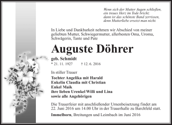 Traueranzeige von Augustine Döhrer von Südthüringer Presse