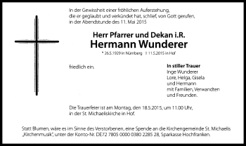 Traueranzeige von Hermann Wunderer von Frankenpost