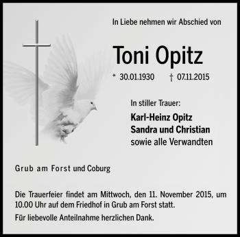 Traueranzeige von Toni Opitz von Neue Presse Coburg