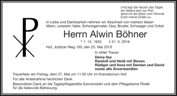 Traueranzeige von Alwin Böhner von Frankenpost