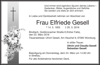 Traueranzeige von Elfriede Gesell von Frankenpost