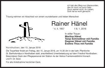 Traueranzeige von Rainer Hänel von Neue Presse Coburg