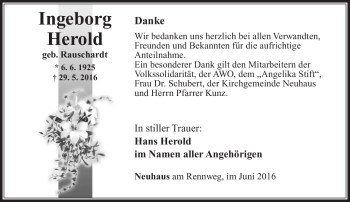 Traueranzeige von Ingeborg Herold von Südthüringer Presse