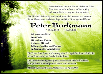 Traueranzeige von Peter Borkmann von Südthüringer Presse