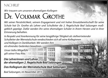 Traueranzeige von Volkmar Grothe von Südthüringer Presse