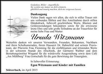 Traueranzeige von Ursula Witzmann von Südthüringer Presse
