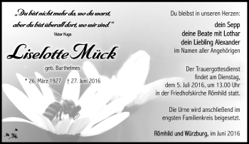 Traueranzeige von Liselotte Mück von Südthüringer Presse