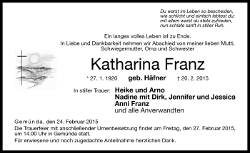 Traueranzeige von Katharina Franz von Neue Presse Coburg