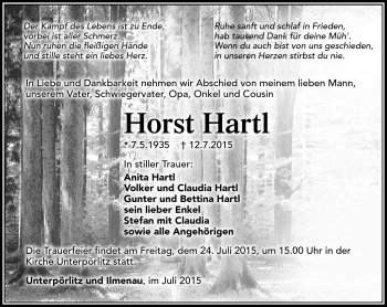 Traueranzeige von Horst Hartl von Südthüringer Presse